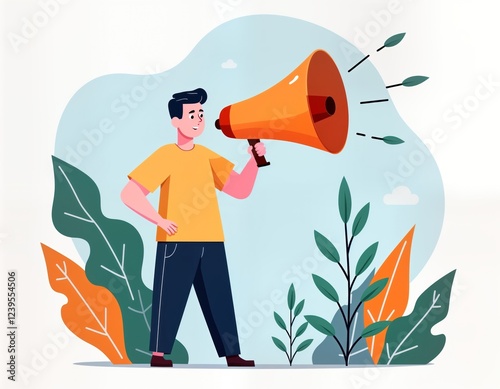 Man uses loudspeaker to announce important news. Standing outdoors, holding megaphone. Promo photo for marketing campaign announcement of product sale. Communicates important news great offer to photo