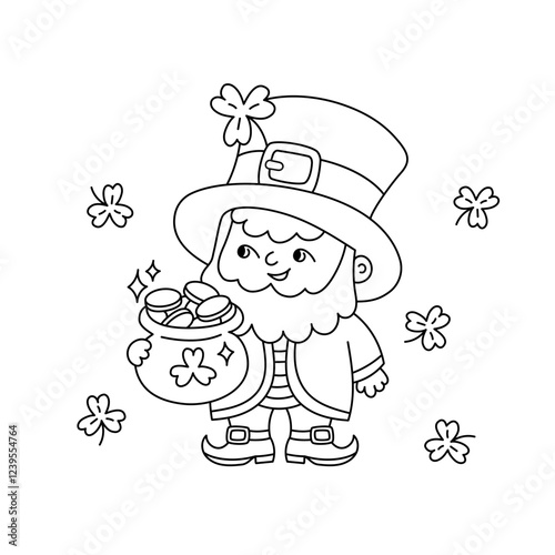 Cute leprechaun holding pot of gold. Shamrocks St Patricks Day symbol. Vector doodle illustration. Irish folklore objects isolated. Patricks Day March 17 coloring page, design elements