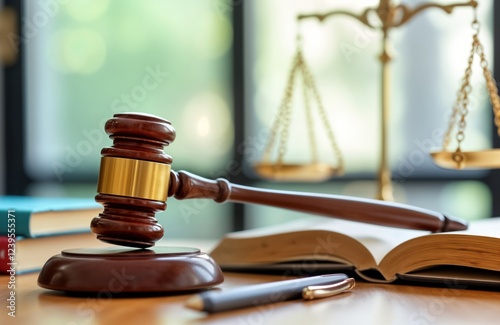 Wooden gavel rests on table with open legal book, pen. Scales of justice visible in background. Pro legal concept. Items suggest legal proceedings judgment. Lawyer office courtroom setting. Focus on photo