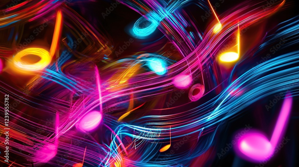 Colorful musical notes dancing through vibrant light trails in a dynamic abstract art display Colorful musical notes dancing through vibrant light trails in a dynamic abstract art display
