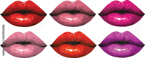 Set of 6 vector illustration of red and pink lips