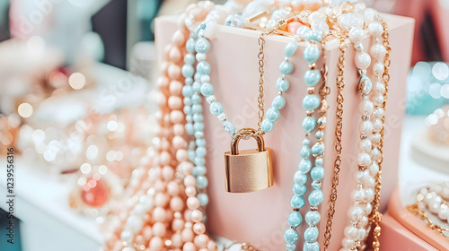 Pastel necklaces and padlock in pink container, jewelry shop display, blurred background, online store product photo