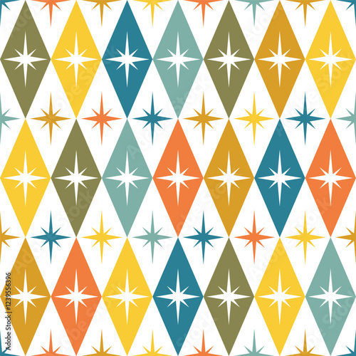 Colorful happy retro seamless pattern with diamonds and stars on white background