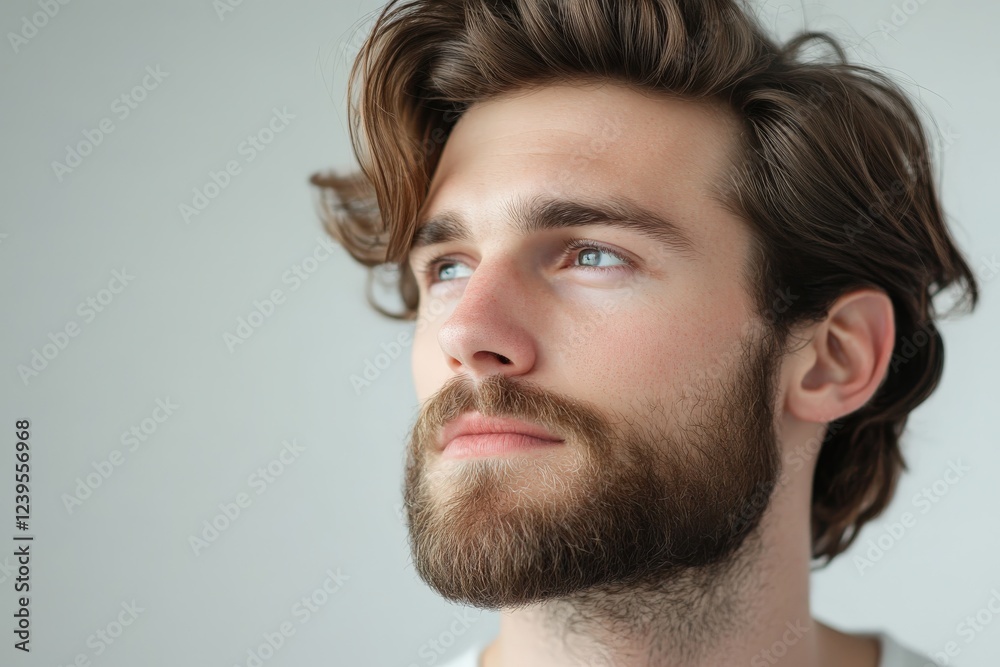 Obraz premium Thoughtful Young Man with Stylish Hair and Beard Against a Soft Background
