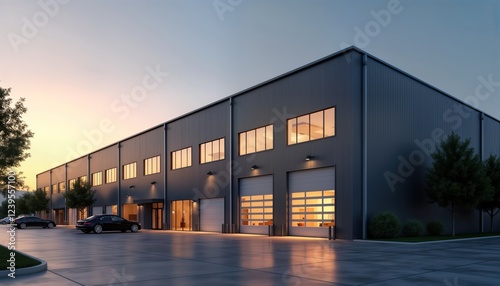 Modern warehouse exterior at sunset. Sleek grey metal cladding. Large garage doors. Industrial building with parking area. Suitable for storage commercial cargo services, business. Exterior view of