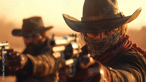 Cowboy assassins prepare for a standoff in the golden light of dusk photo