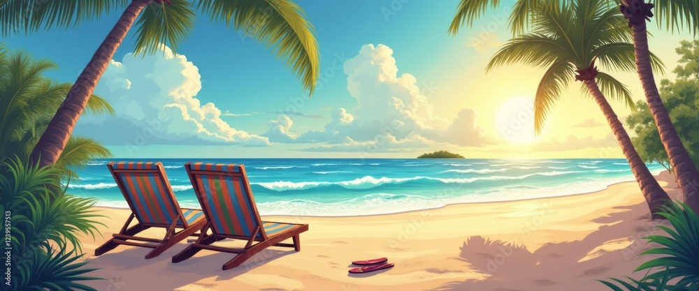 Obraz premium Two inviting beach chairs sit side by side on a golden sandy shore, bathed in the warm glow of a setting sun. The tranquil ocean waves gently lap at the beach, while lush palm trees frame the scene