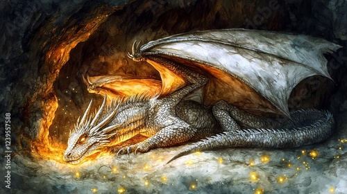 International Childrens Book Day Fairy Tales Majestic dragon breathing fire in dark cavern. photo