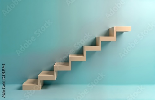 Beige stairway steps ascend against pastel blue background. Modern design concept for career growth, success. Abstract image for business motivational purposes. Upward path to achievement. Minimalist