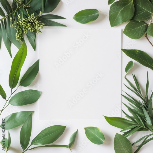 Fresh green leaves surround a blank sheet of paper on a light background for creative design and inspiration. Generative AI