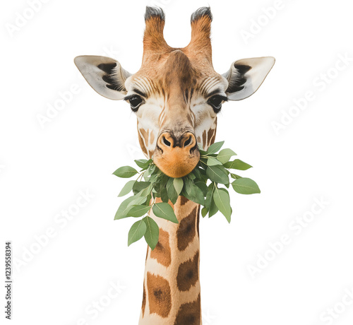 Cute Giraffe Eating Leaves in African Savannah Wildlife Park isolated photo