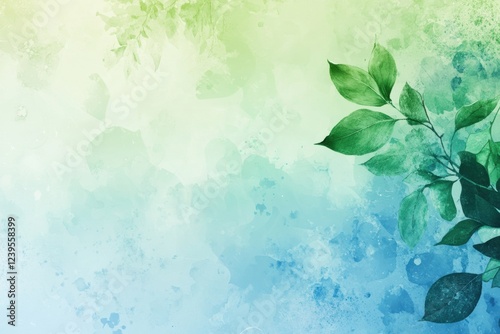 Artwork featuring lush green leaves on a blue watercolor background in a serene and fresh style. Generative AI