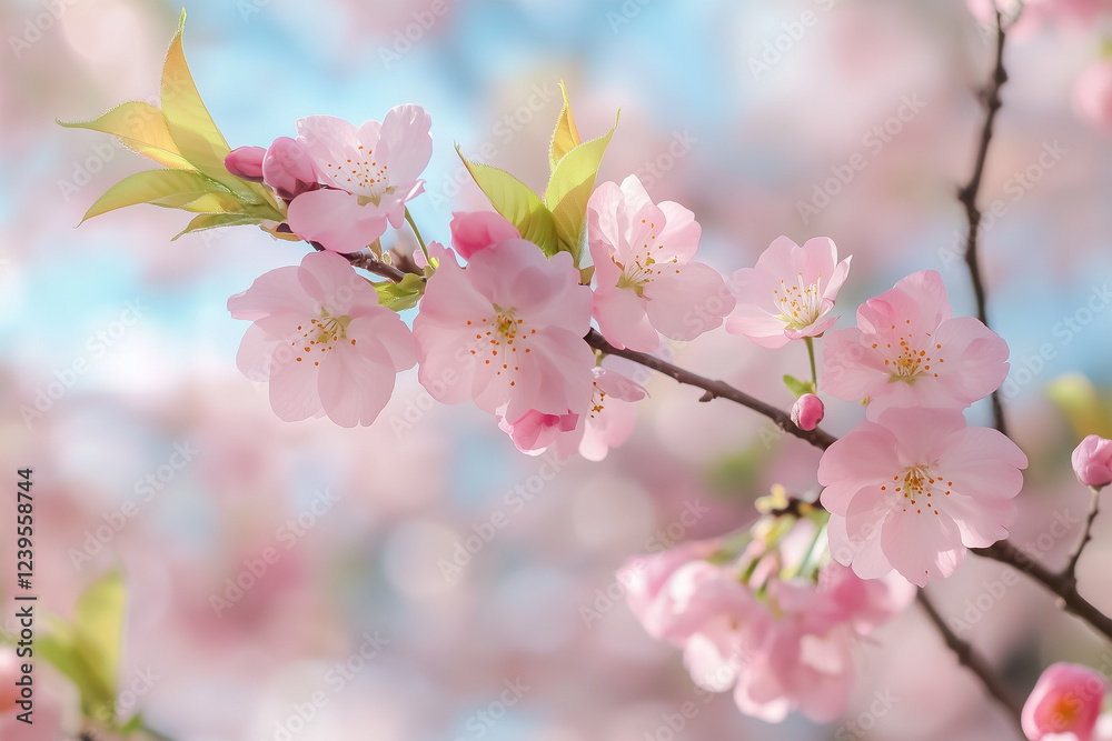Fototapeta premium Spring blossoms create a vibrant display in a peaceful garden during a sunny afternoon