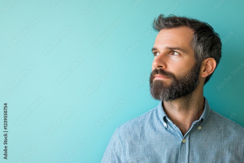 Thoughtful Man with Beard Against a Turquoise Background Thoughtful Man with Beard Against a Turquoise Background