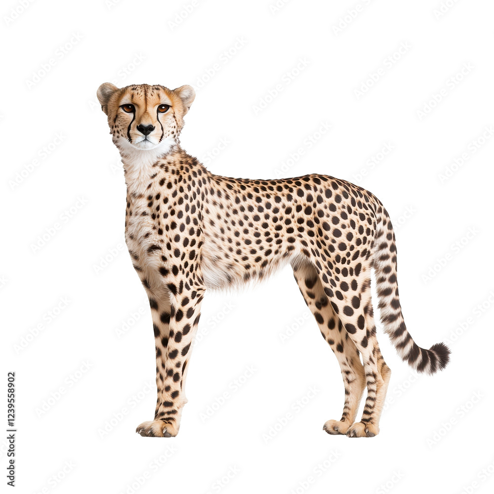 A graceful cheetah stands elegantly, showcasing its distinctive spots and slender body against a white isolated background. A graceful cheetah stands elegantly, showcasing its distinctive spots and slender body against a white isolated background.