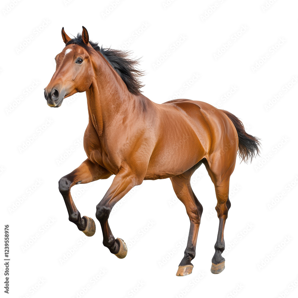 Naklejka premium A majestic brown horse galloping energetically against a white isolated background.
