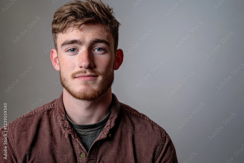 Obraz premium Portrait of a Young Man with a Thoughtful Expression Against a Neutral Background