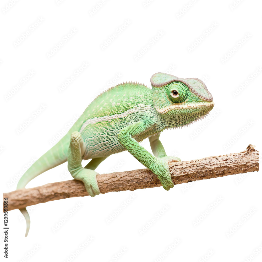 Fototapeta premium A vibrant green chameleon perched on a branch against a white background.