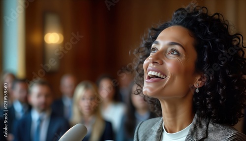 Dynamic female leader gives passionate speech to audience. Confident, inspiring presentation from podium. Inspiring audience engagement. Modern auditorium setting. Woman expresses vision for future. photo