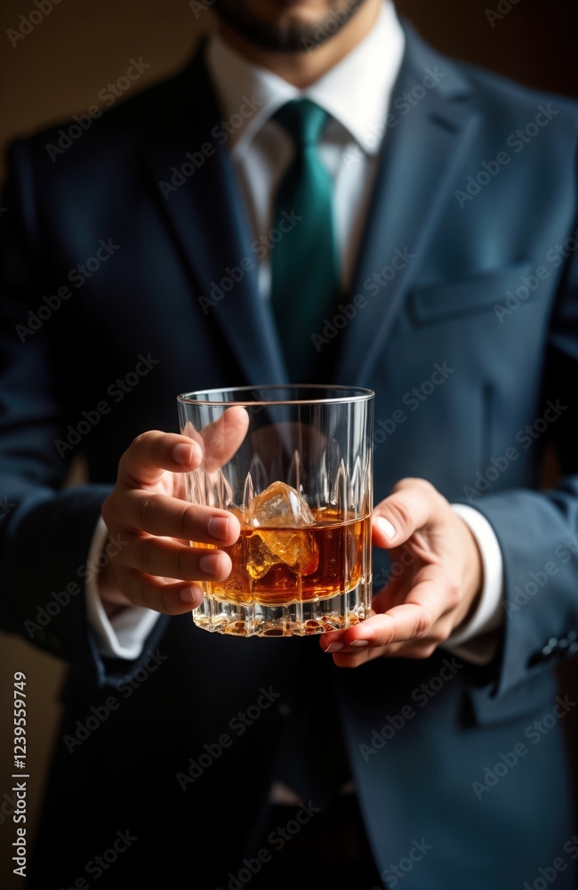 Businessman in dark suit holds whiskey glass with ice. Man enjoys celebratory drink. Possible business meeting celebration. Formal event in bar private room. Potential clients corporate businesses, Businessman in dark suit holds whiskey glass with ice. Man enjoys celebratory drink. Possible business meeting celebration. Formal event in bar private room. Potential clients corporate businesses,