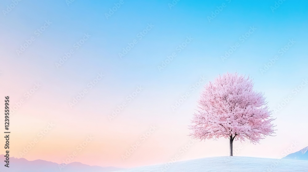 Pink tree sunrise snow landscape peaceful serenity Pink tree sunrise snow landscape peaceful serenity