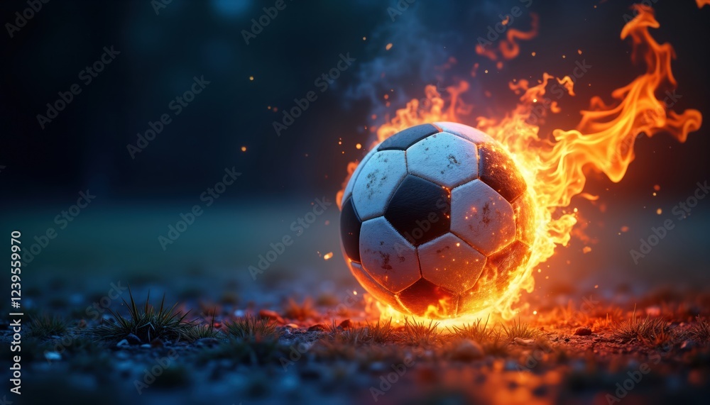 Naklejka premium Burning soccer ball on dark abstract background. Fiery flames, sparks surround ball. Dramatic sports image. Intense energy, motion. Creative art. Concept of explosive power, competition in football.