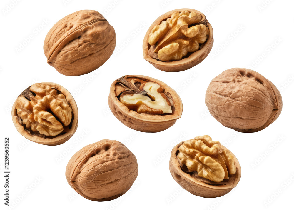 Whole and halved walnuts on transparent background showing textured shells kernels Whole and halved walnuts on transparent background showing textured shells kernels