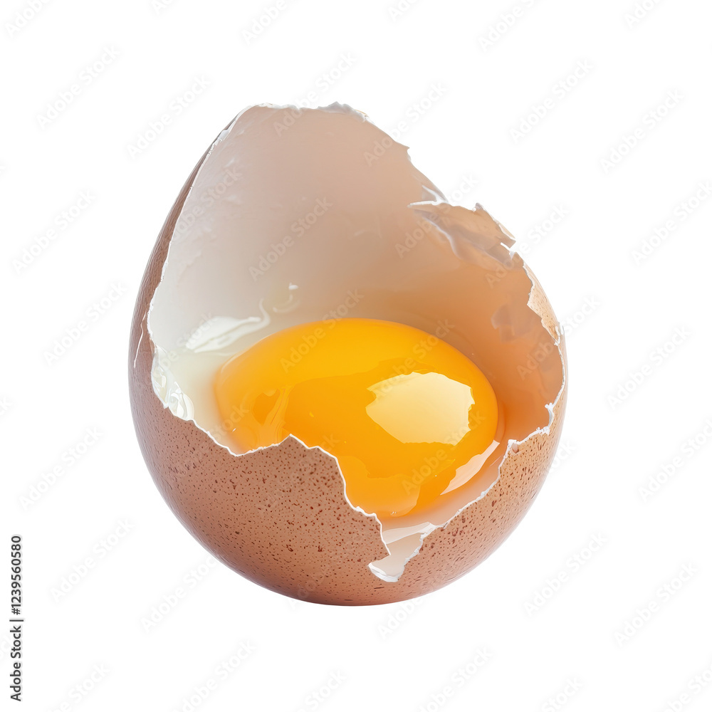 Cracked eggshell with yolk on a white isolate background, showcasing fresh ingredients for cooking and baking. Cracked eggshell with yolk on a white isolate background, showcasing fresh ingredients for cooking and baking.