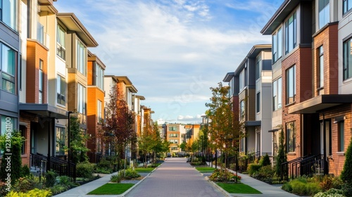 Modern Townhouses Line a Peaceful Street with Autumn Foliage