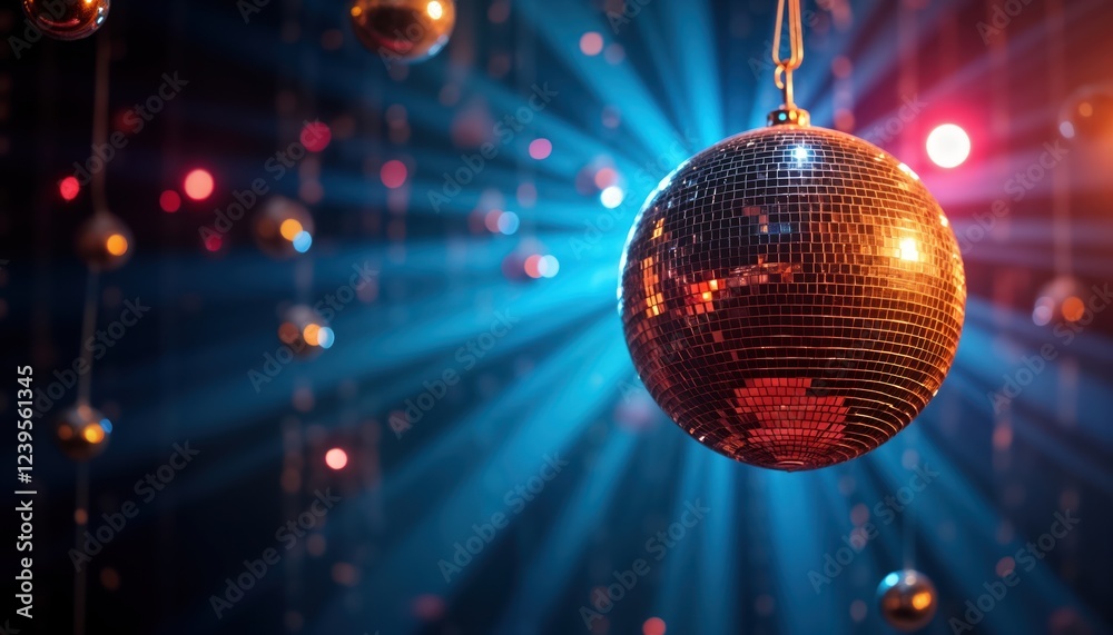 Obraz premium Disco ball shines brightly in dark room with blue background. Party atmosphere with bright lights, glowing balls. 80s music vibe, festive celebration. Nightclub discotheque ambiance. Great for design