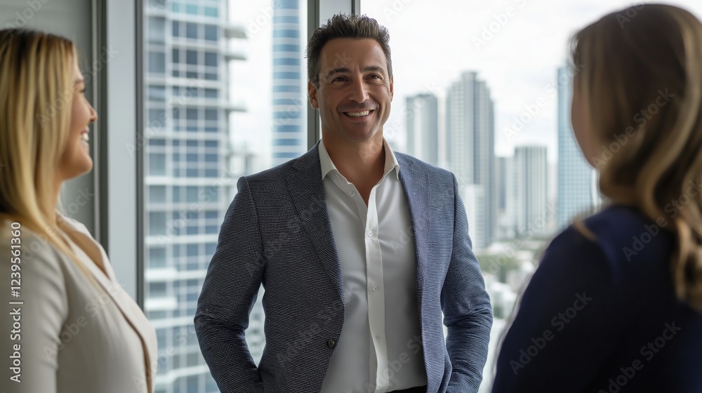 portrait of knowledgeable real estate agent showing a luxurious apartment to potential buyers against an urban skyline backdrop portrait of knowledgeable real estate agent showing a luxurious apartment to potential buyers against an urban skyline backdrop