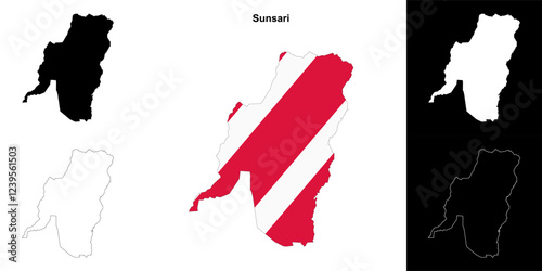 Sunsari district blank outline map set photo