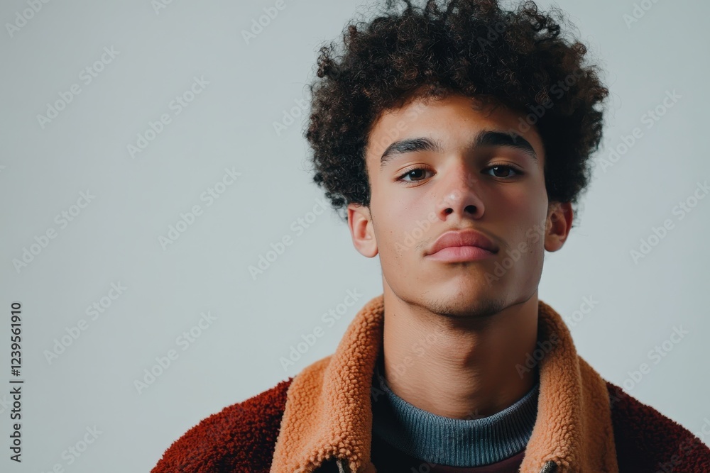 Obraz premium Stylish Young Man with Curly Hair in a Cozy Jacket Against a Neutral Background