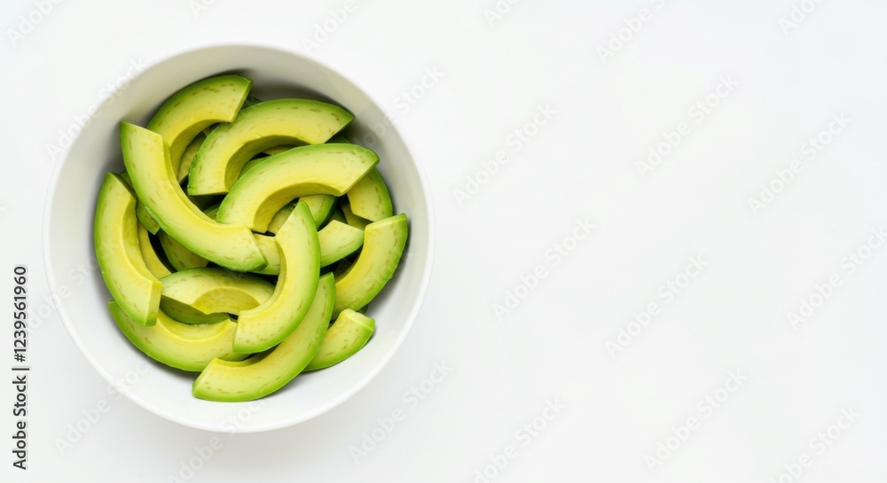 Fresh avocado slices neatly arranged in a white bowl on a clean white background. Fresh avocado slices neatly arranged in a white bowl on a clean white background.