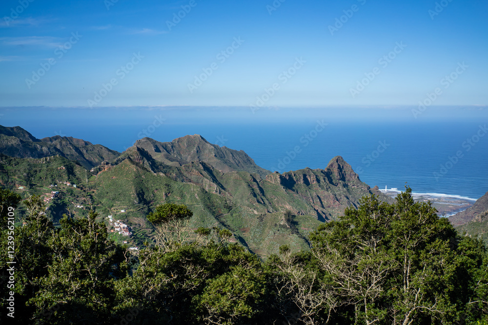 Naklejka premium Stunning view of lush green mountains cascading down to the vibrant blue ocean in Tenerife.