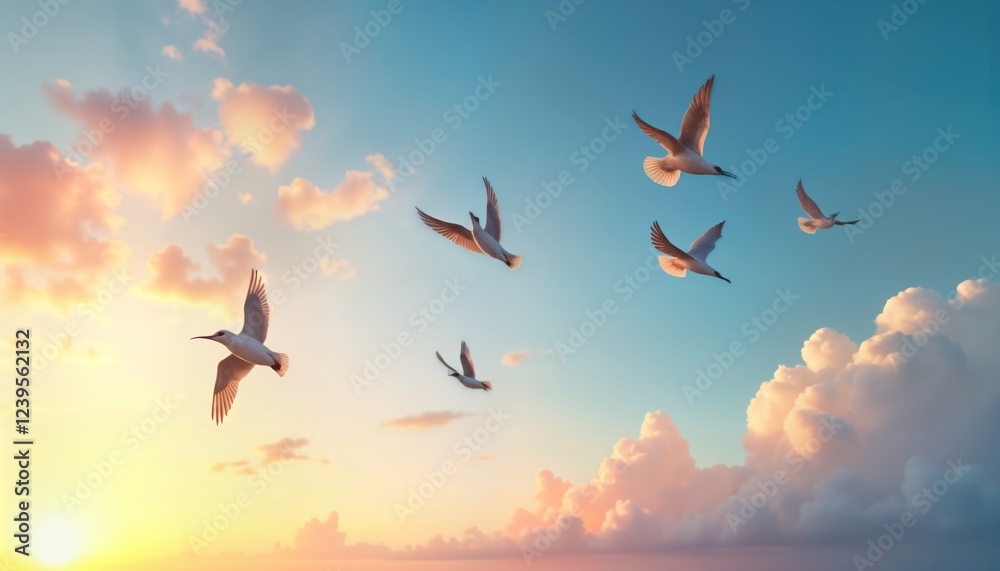 Fototapeta premium Five birds soar freely in a vibrant sky at sunrise. Fluffy clouds drift lazily in the sky with warm light. The birds are light-colored. The image suggests a sense of freedom and nature.