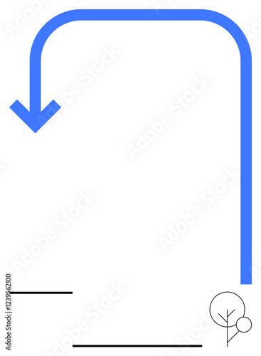 Blue U-turn arrow with abstract tree inside a circle. Horizontal black lines add structure and simplicity. Ideal for redirection, growth, sustainability, minimalism, change, innovation, abstract line