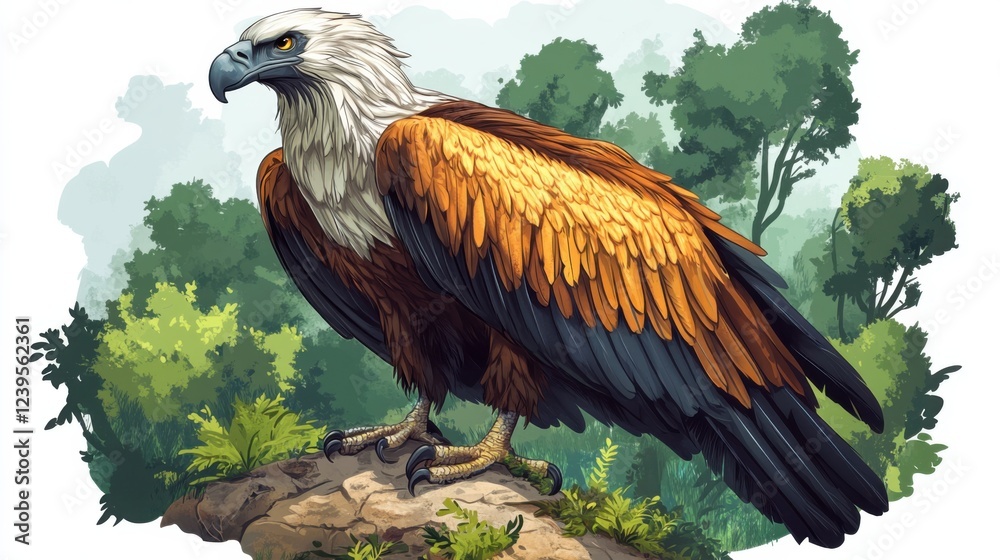 Fototapeta premium Majestic eagle perched on rock in lush forest with vibrant plumage