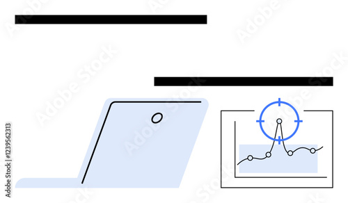 Laptop beside analytics chart with growth curve and target symbol. Ideal for business, data analysis, planning, performance, goals, strategy, technology. Abstract line flat metaphor