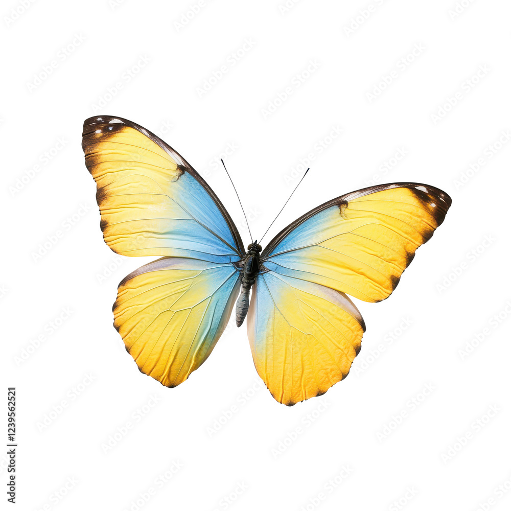 Fototapeta premium Vibrant butterfly with blue and yellow wings, isolated on white background, showcasing nature's beauty.