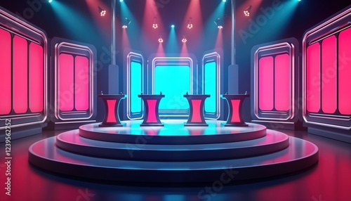 Futuristic game show set with multiple podiums, buzzers. Neon lights, vibrant colors create dynamic night scene. Audience implied within elaborate studio environment. Design blends tech, photo