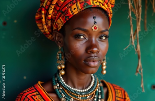 Beautiful African woman in traditional costume. Stylish headdress, jewelry. Stylish look. Portrait style. Cultural identity. African beauty. Attractive lady. Elegance, tradition. Cultural heritage. photo