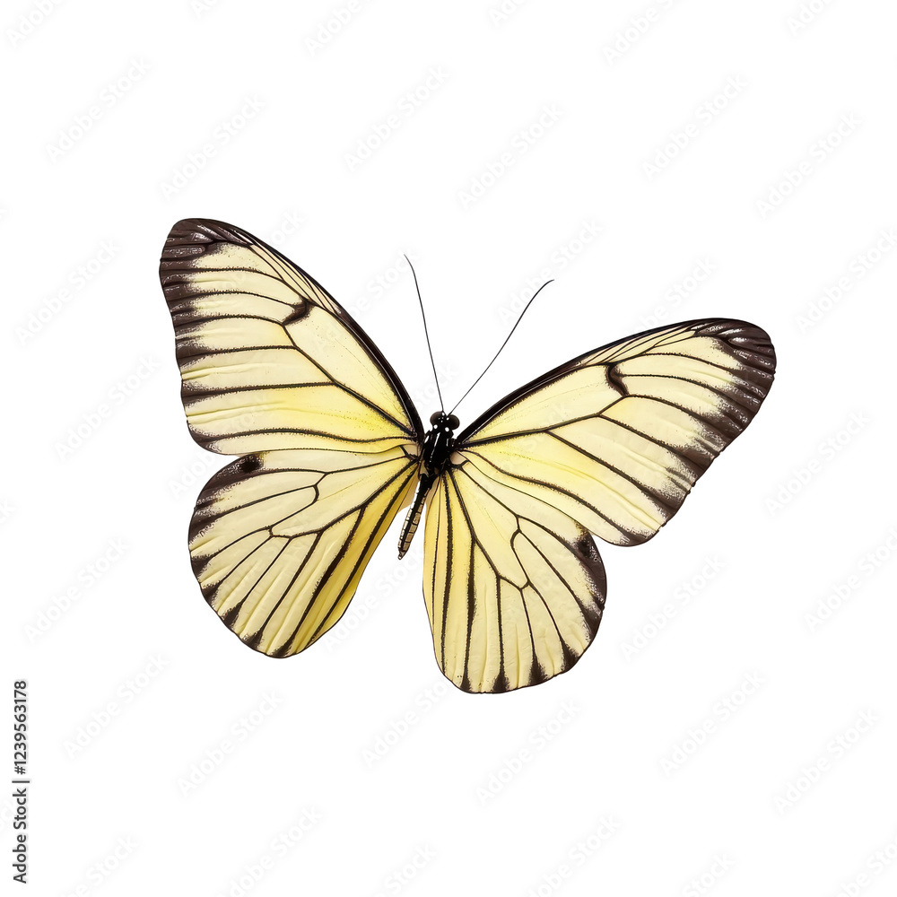 Fototapeta premium A beautiful yellow butterfly with delicate wings, isolated on a white background, showcasing nature's intricate details.