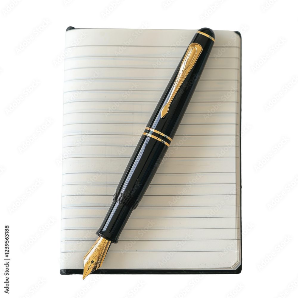classic fountain pen resting on open notebook, showcasing elegance and creativity. pen features sleek black design with gold accents, perfect for writing notes or journaling classic fountain pen resting on open notebook, showcasing elegance and creativity. pen features sleek black design with gold accents, perfect for writing notes or journaling