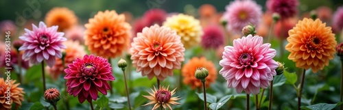 Colorful dahlia flowers in garden. Dahlias bloom in various shades of pink orange, red. Water droplets appear on petals. Garden looks sunny, inviting. Garden bed full of vibrant dahlias in autumn. photo