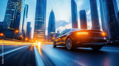 Luxury Coupe Driving Through a City at Dusk, with Tall Skyscrapers and Glowing Streetlights Illuminating the Scene