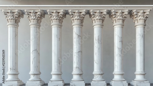 Symmetrical row of ancient marble columns with corinthian capitals in classical architecture