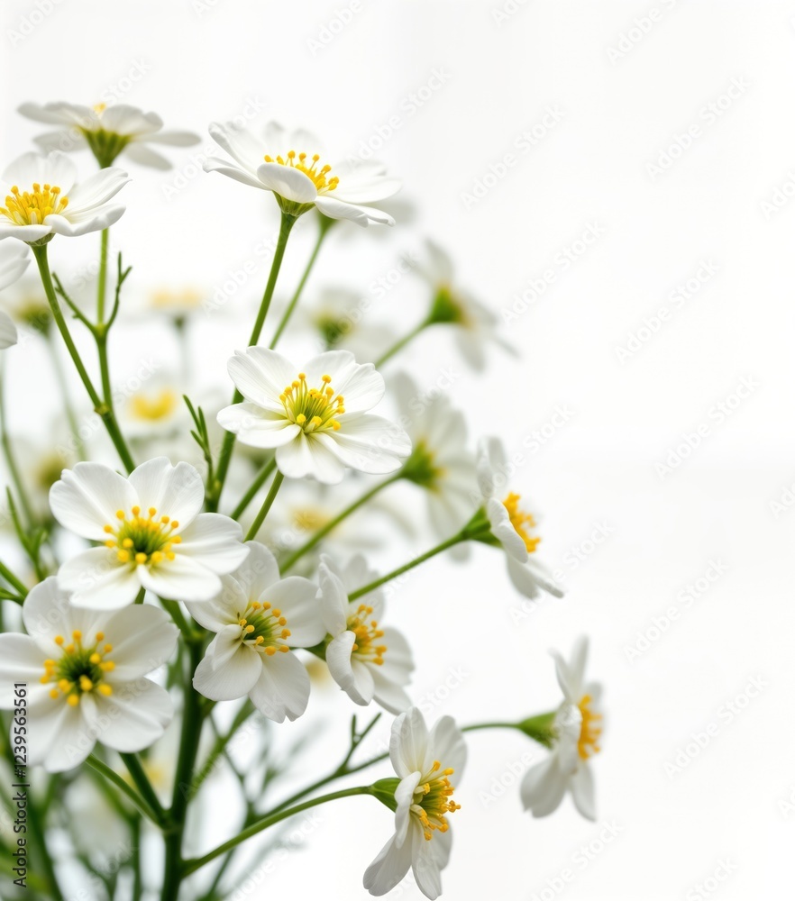 Closeup view of small white flowers with yellow centers. Bunch of gypsophila flowers isolated on white background. Delicate blossoms perfect for floral decorations wedding designs. Image great Closeup view of small white flowers with yellow centers. Bunch of gypsophila flowers isolated on white background. Delicate blossoms perfect for floral decorations wedding designs. Image great