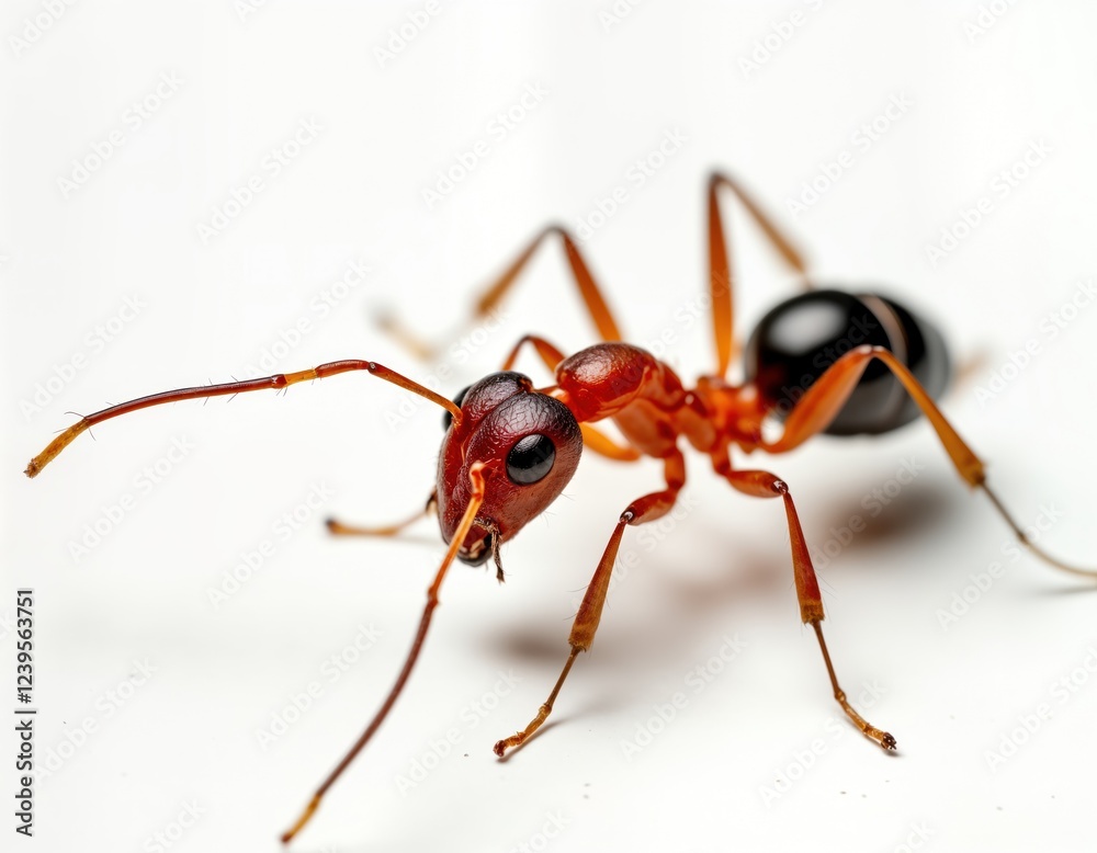 Closeup macro photo of red ant on white background. Ant red body, black head. Tiny details, antenna visible. Perfect for educational purposes nature lovers. Small insect detailed macro photo. High Closeup macro photo of red ant on white background. Ant red body, black head. Tiny details, antenna visible. Perfect for educational purposes nature lovers. Small insect detailed macro photo. High