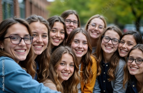 Group of happy teenage girls pose for photo outdoors. Smiling, looking directly at camera. Appear to students. Casual attire, upbeat expressions suggest friendly, happy atmosphere. Setting may campus